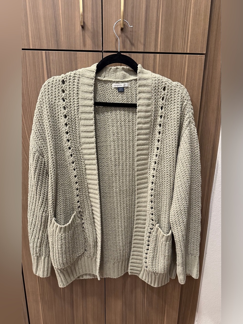 American Eagle Light Sage Open-Front Chunky Knit Cardigan